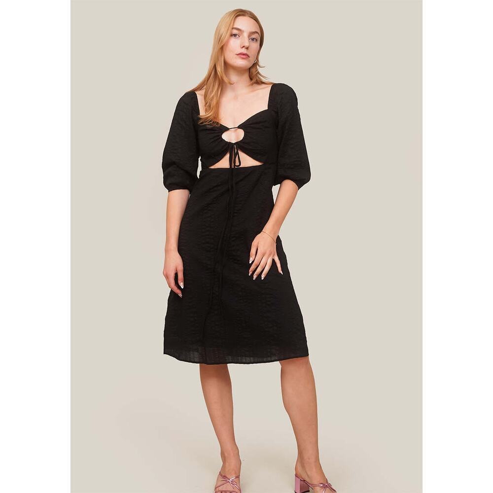 NWOT WRAY NYC Jules Midi Dress Black Cutout‎ Cinch Tie Ethical Textured Cotton L